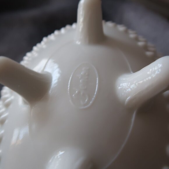 Vintage Fenton Marked Milk Glass Hobnail Textured Oval Lidded Candy Bowl - Picture 11 of 16